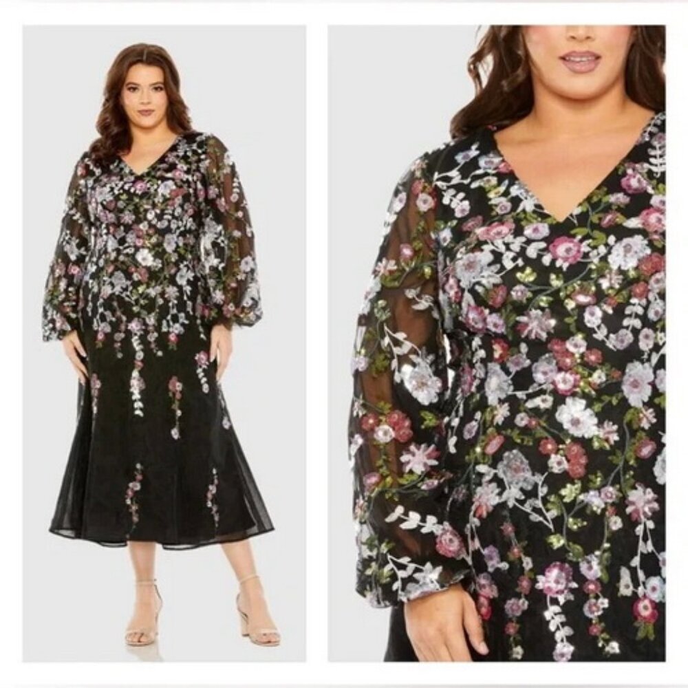 Mac Duggal Black Multi Puff Sleeve Floral Embellished Gown